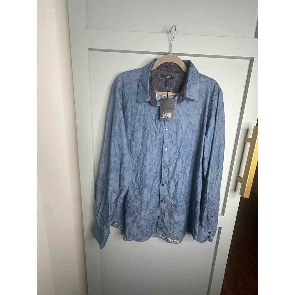 Ted Baker London Celso Blue Chambray Floral Jacquard Shirt Ted Fit 17 NWT
